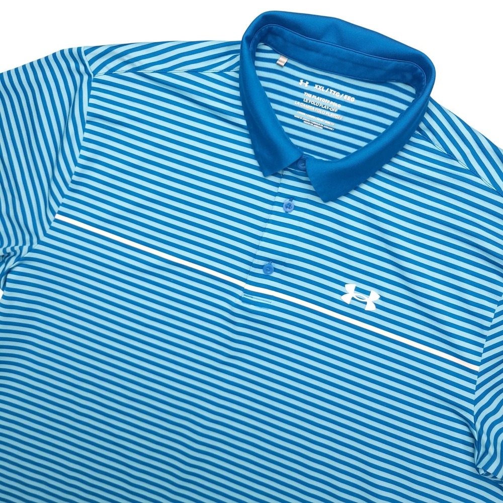 Under Armour Playoff Polo Shirt Mens‎ 2XL Blue Stripe Golf Performance Logo Top